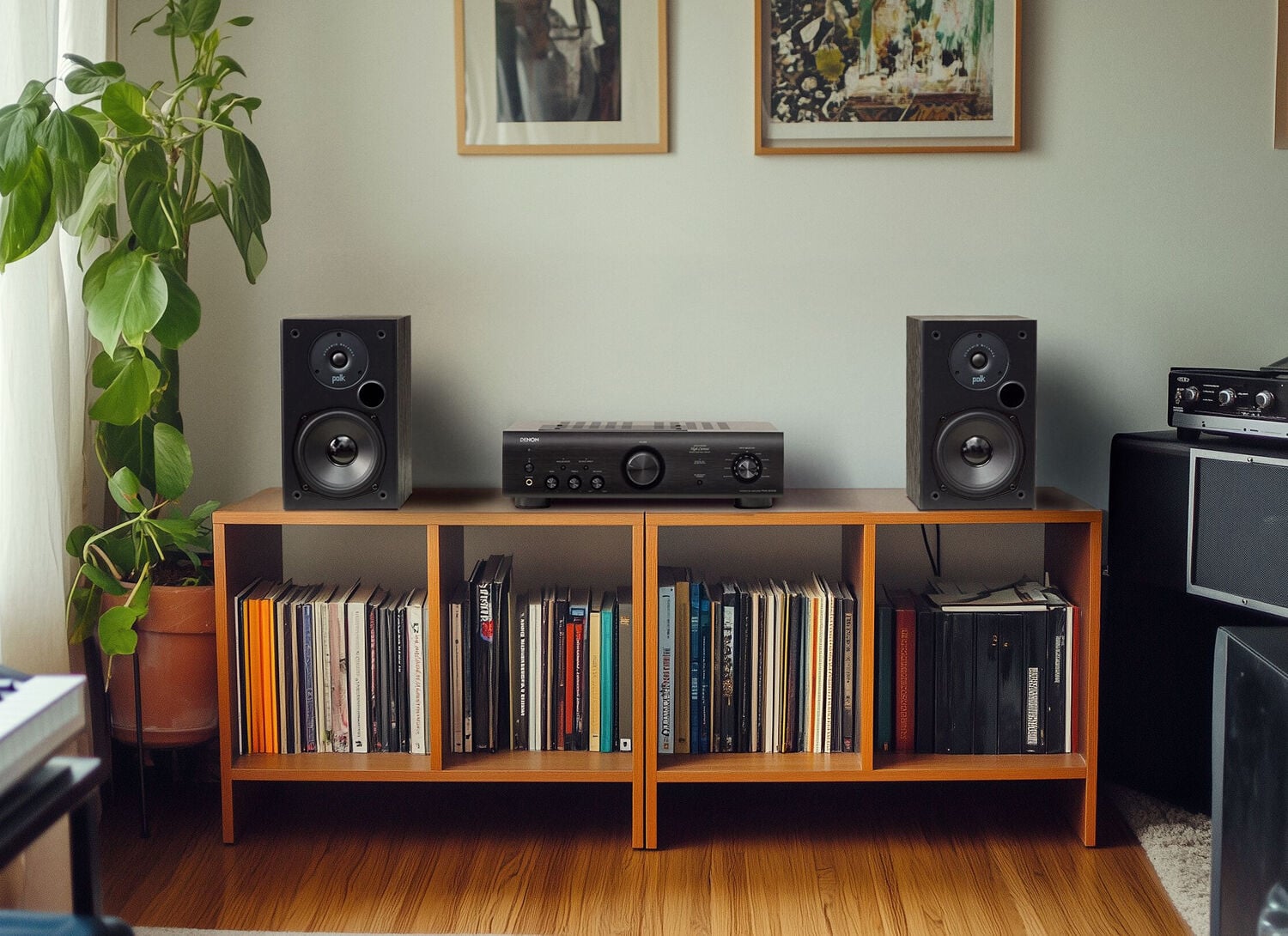 T-Series bookshelf speakers on a table with albums