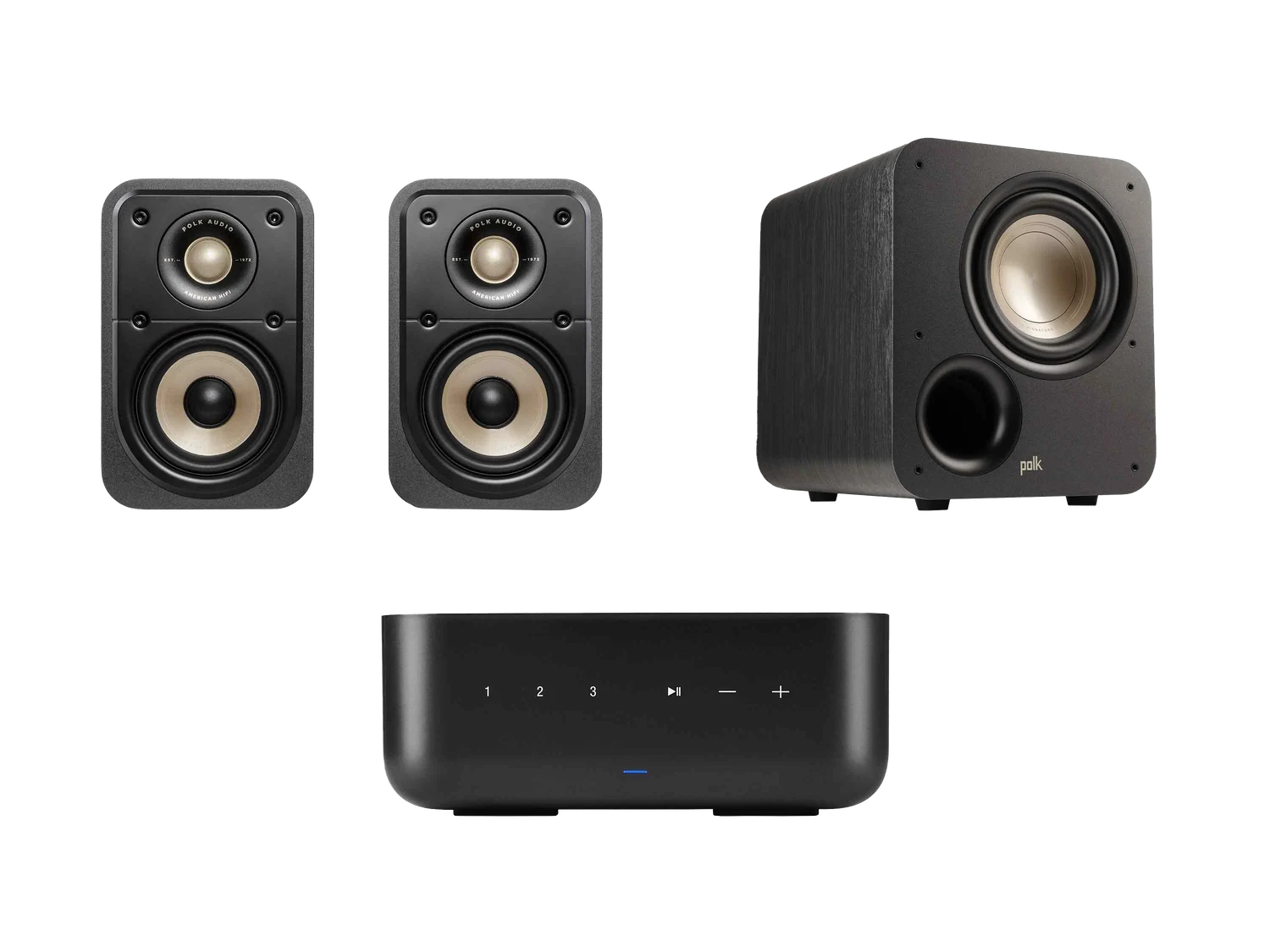 ES10 bookshelf speakers, ES8 Subwoofer, and Denon Home amp.