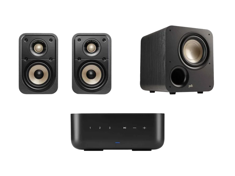 ES10 bookshelf speakers, ES8 Subwoofer, and Denon Home amp.