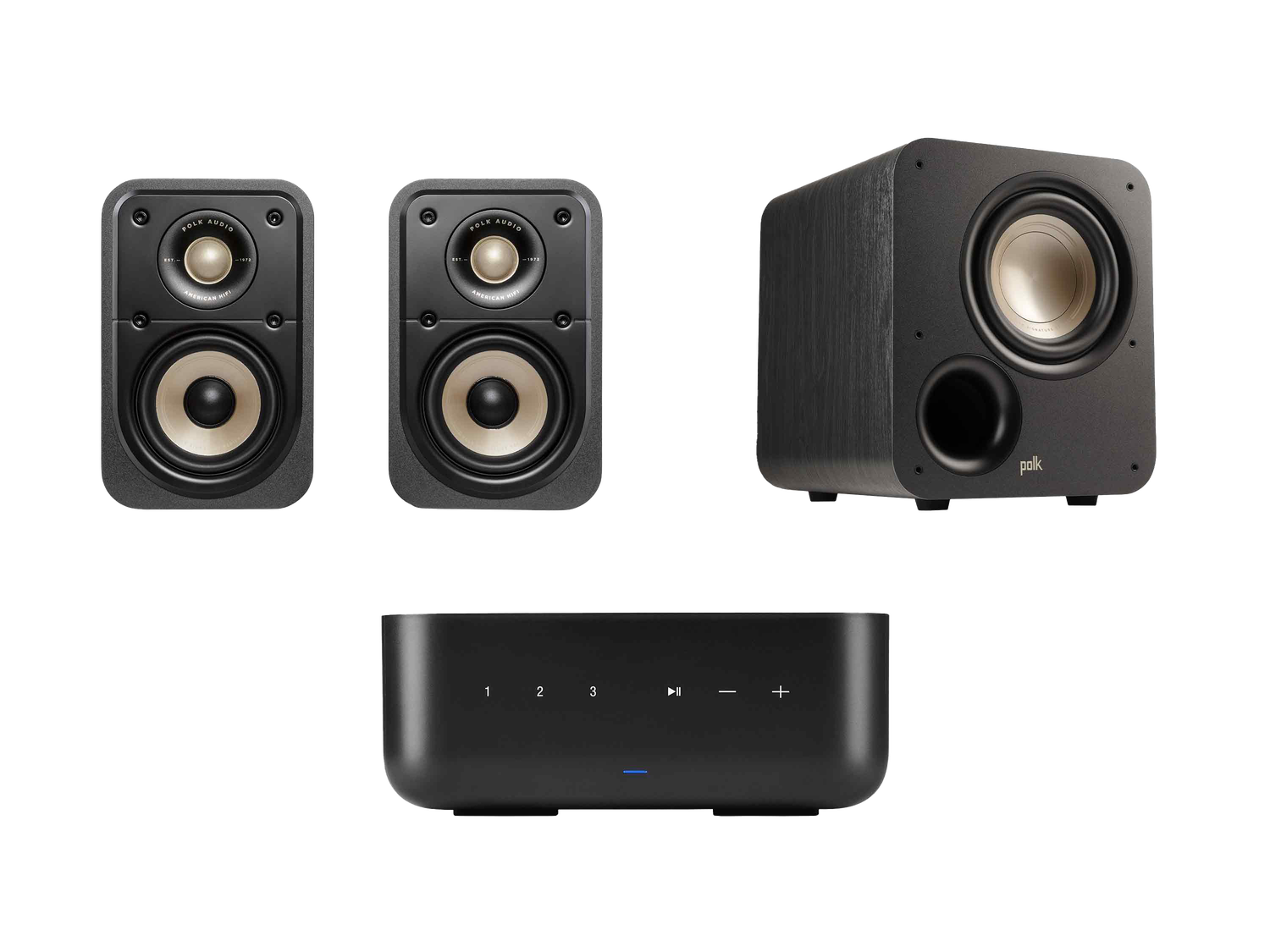 ES10 bookshelf speakers, ES8 Subwoofer, and Denon Home amp.